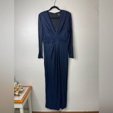 Aiden Mattox Blue Metallic Deep V Long Sleeves Front Slit Maxi Evening Gown 12