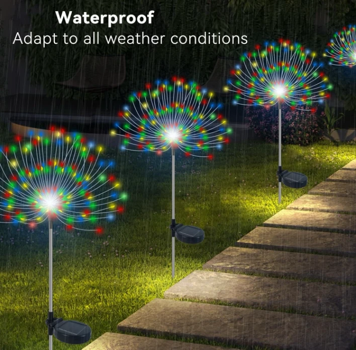 Luces solares jardín 2 peças 120 LED fuegos artificiais impermeáveis multicolor - Imagem 3 de 4