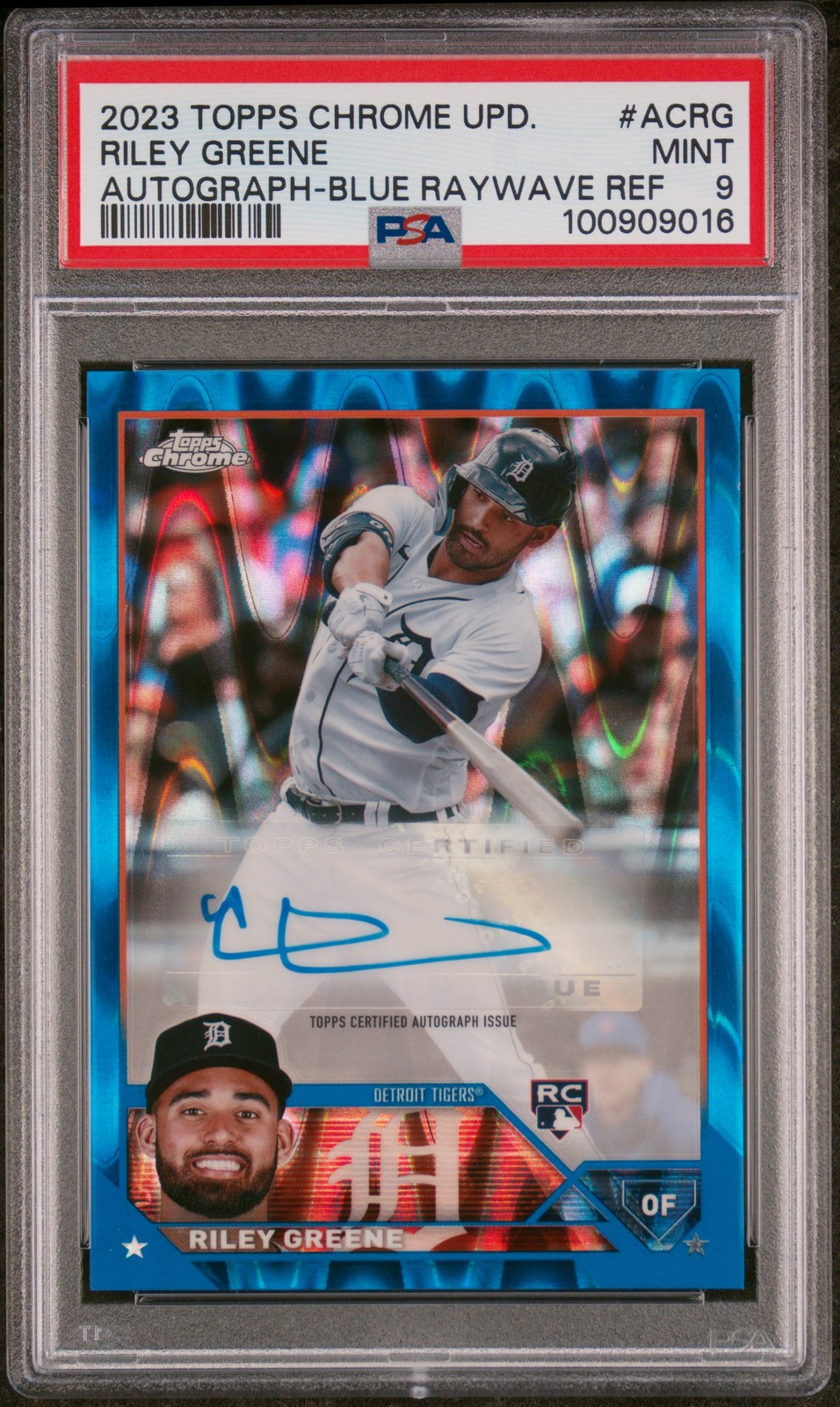 2023 TOPPS CHROME UPDATE AUTO BLUE RAYWAVE REFRACTOR RILEY GREENE 129/150 PSA 9