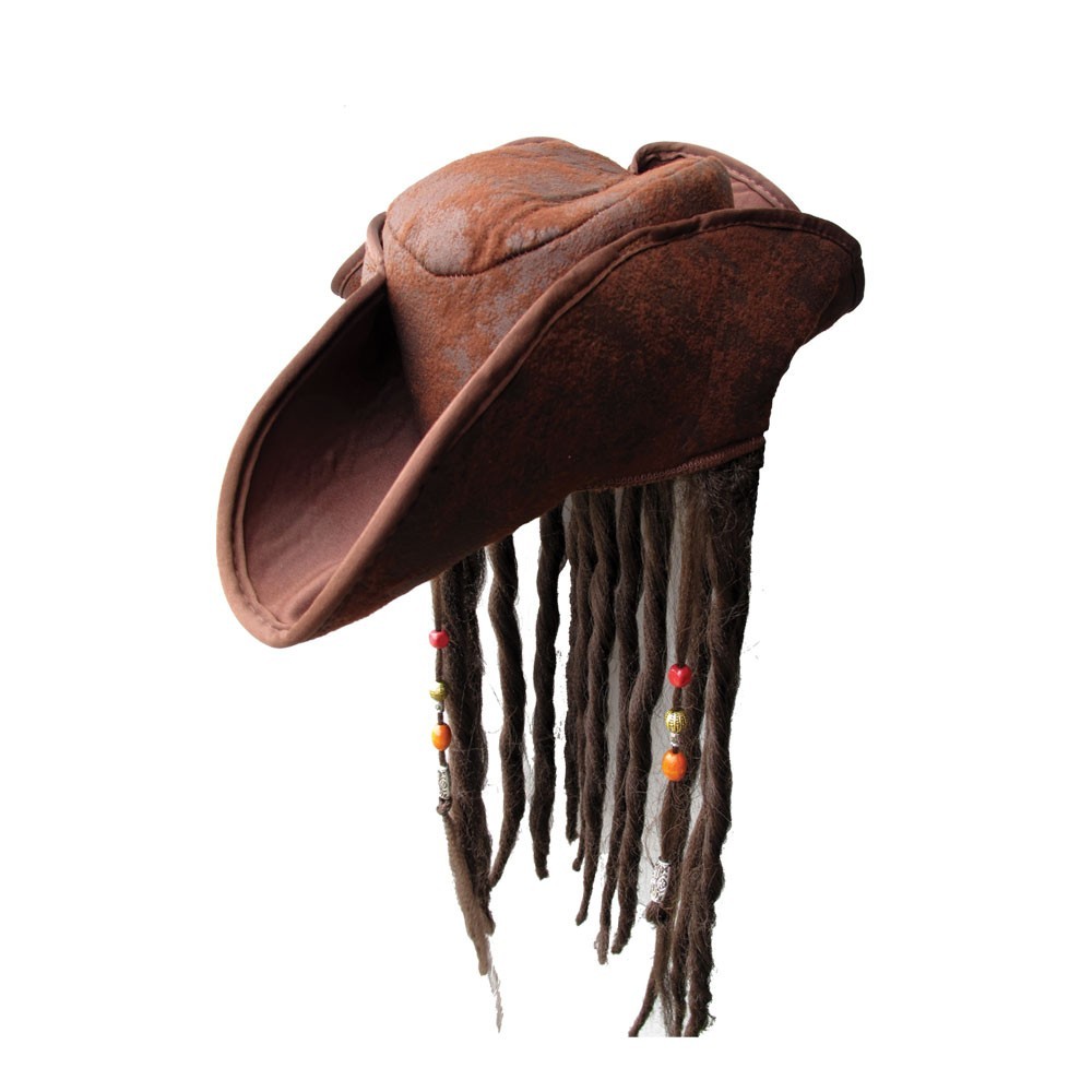 Adults Pirate Hat With Braids Beads Brown Caribbean Fancy Dress Unisex