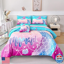RYNGHIPY 6Pc Mermaid Comforter Set Twin, Fish Tail Bed in a Bag, Girls Kids