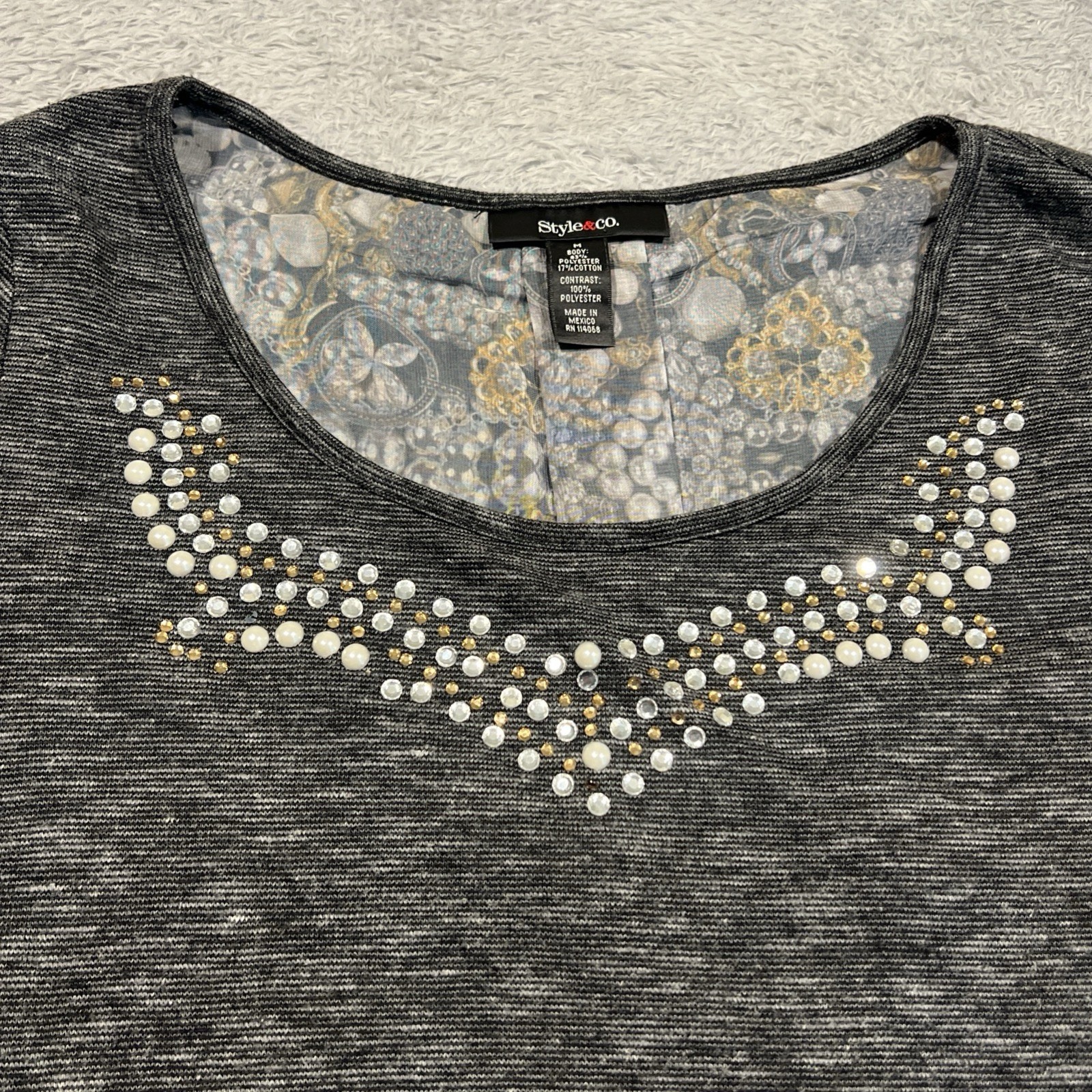 Style & Co Top Women’s M Gray Long Sleeve Rhinestone Bling Neck Tulip Hem