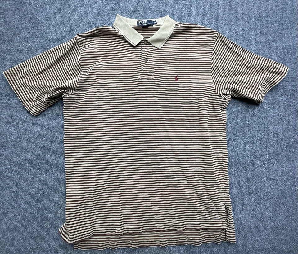 Camisa Polo Ralph Lauren Para Hombre Extra Grande XL Marrón Blanco Rayas Manga Corta De Colección Foto 2 de 4