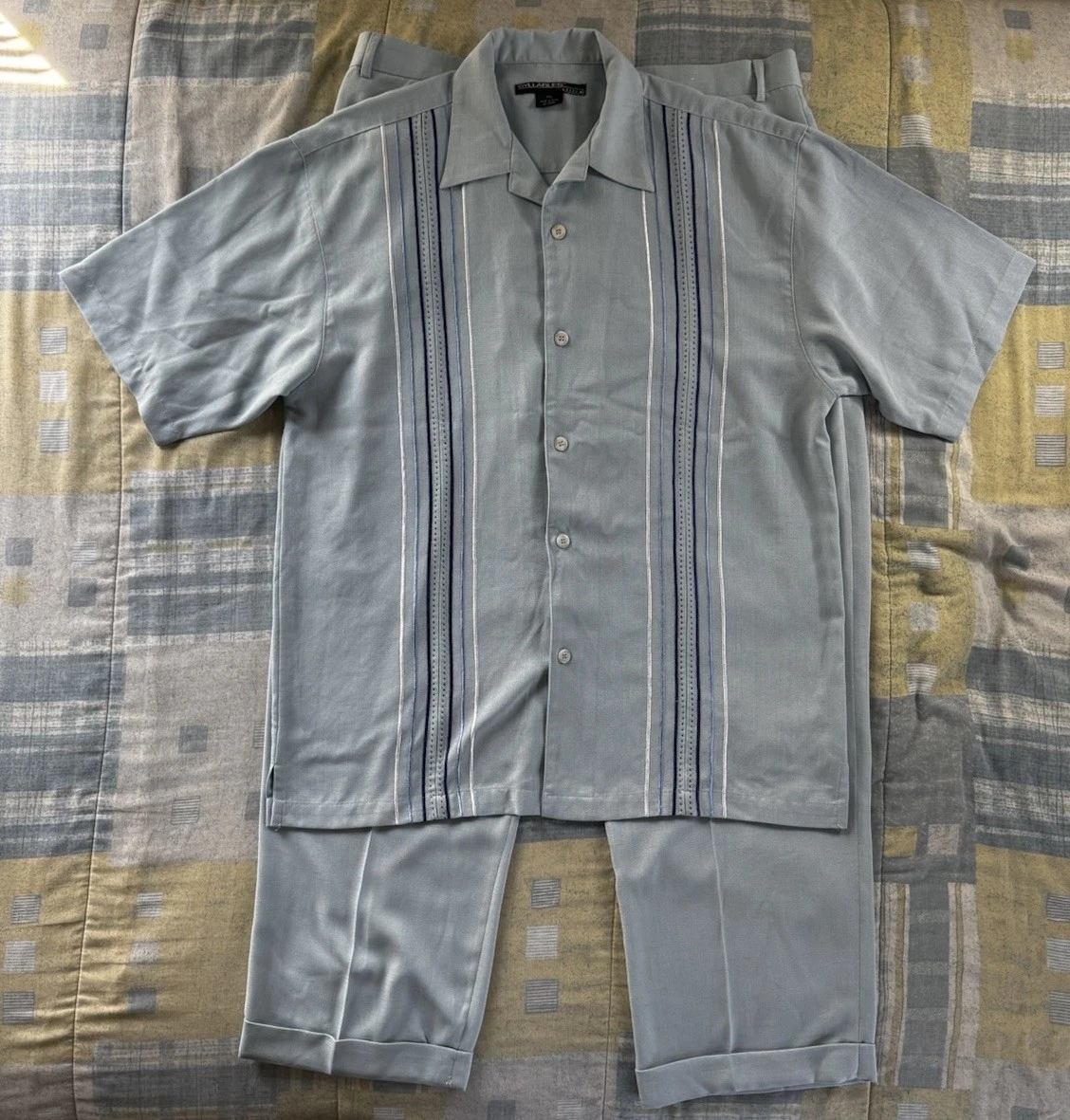 Syllables Aqua Blue Ramie Striped Button Top Bottom Set Men's Sz XXL