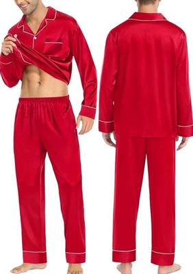 SWOMOG, Silk Satin Long Sleeve Button Down Sleepwear 2 Pc Set, Size Small, Red