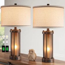 Set of 2 Farmhouse Table Lamps for Living Room with 2 USB Charging Ports, Vin...