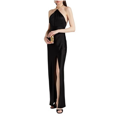 Nicholas Black Satin Gold Chain Link Halter Maxi Slip Dress | eBay