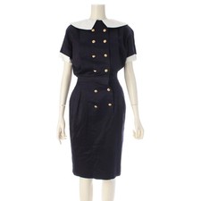 Chanel Vintage Camellia Dress Cotton Navy White Size 34 Length 41 in