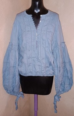 NWT Free People Frosty Skies Blue Top Blouse Balloon Sleeves Linen Prairie...