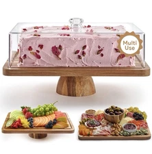 Acacia Wood Cake Stand with Lid | Rectangular Dessert & Charcuterie Board Set