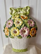Vintage N Capodimonte Colorful Pansy Blossoms In White Basket Wall Hanging- Mint