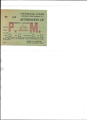 Hauptmann Trial 1-30-1935 Official Pass Flemington New Jersey