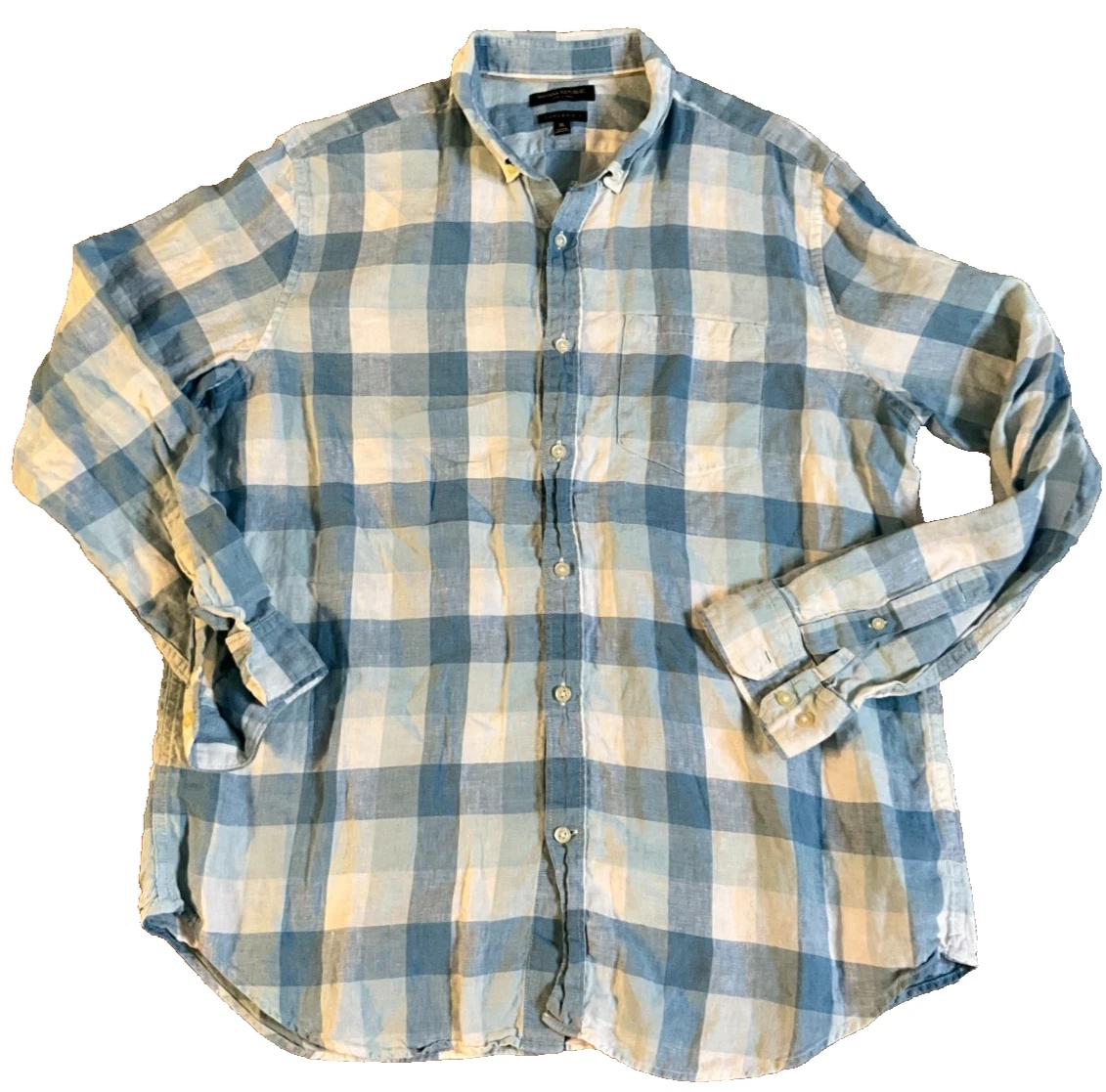 Banana Republic Men's Linen Shirt Blue Plaid Camden Fit Casual Button Down XL