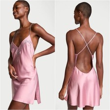 Victoria s Secret Slip Dress Rose Pink Shine Twinkle Bows Satin Open Back Sz S