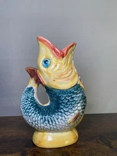 Vintage Portugese Majolica Yellow, Blue Ceramic Fish Water Jug Pitcher 8.5" Tall