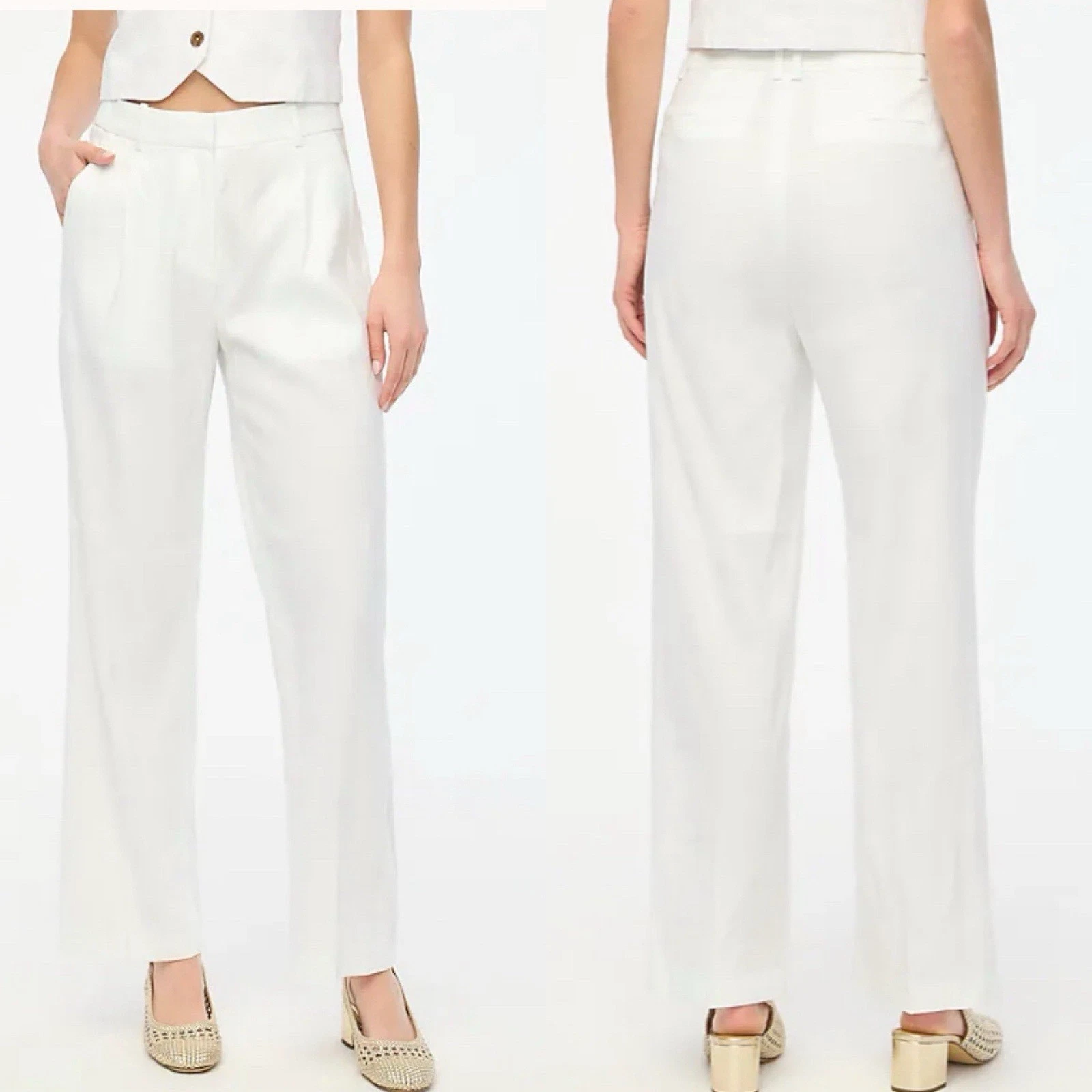 J.CREW Linen Blend Trousers Women 12 Wide Leg Pleated Pants NEW White BY754