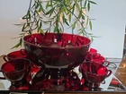 Vtg 50s Anchor Hocking Royal Ruby Red 10" Punch/Salad Glass Bowl & 10 Cups