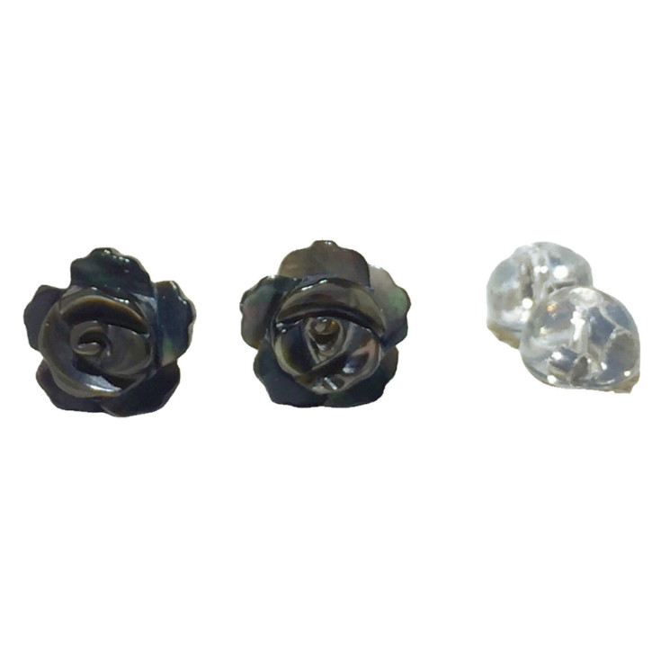 925 Sterling Silver 8mm Black Mother of Pearl Rose Flower Shell Stud Earrings1A
