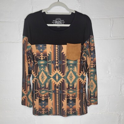 Crazy Train Women's Small Shirt Top Black Tan Southwestern Long Sleeve