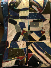 64 x 64 Twin Size Crazy Quilt Hand Made Navy Blue Tan Red Stars Flannel Backing