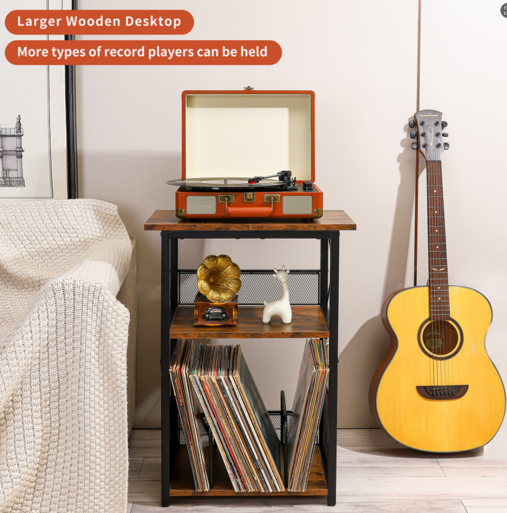 Record Player Stand, 3-Tier Table, Vinyl Storage with, functional end side table