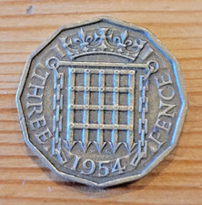 1954 Queen Elizabeth II Three Pence 3d coin - Good F