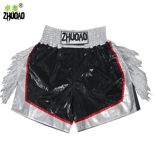 Boxing MUAY THAI Satin Shorts MMA Gym Thai Boxing Trunks Mens White Tassels - Picture 2 of 10