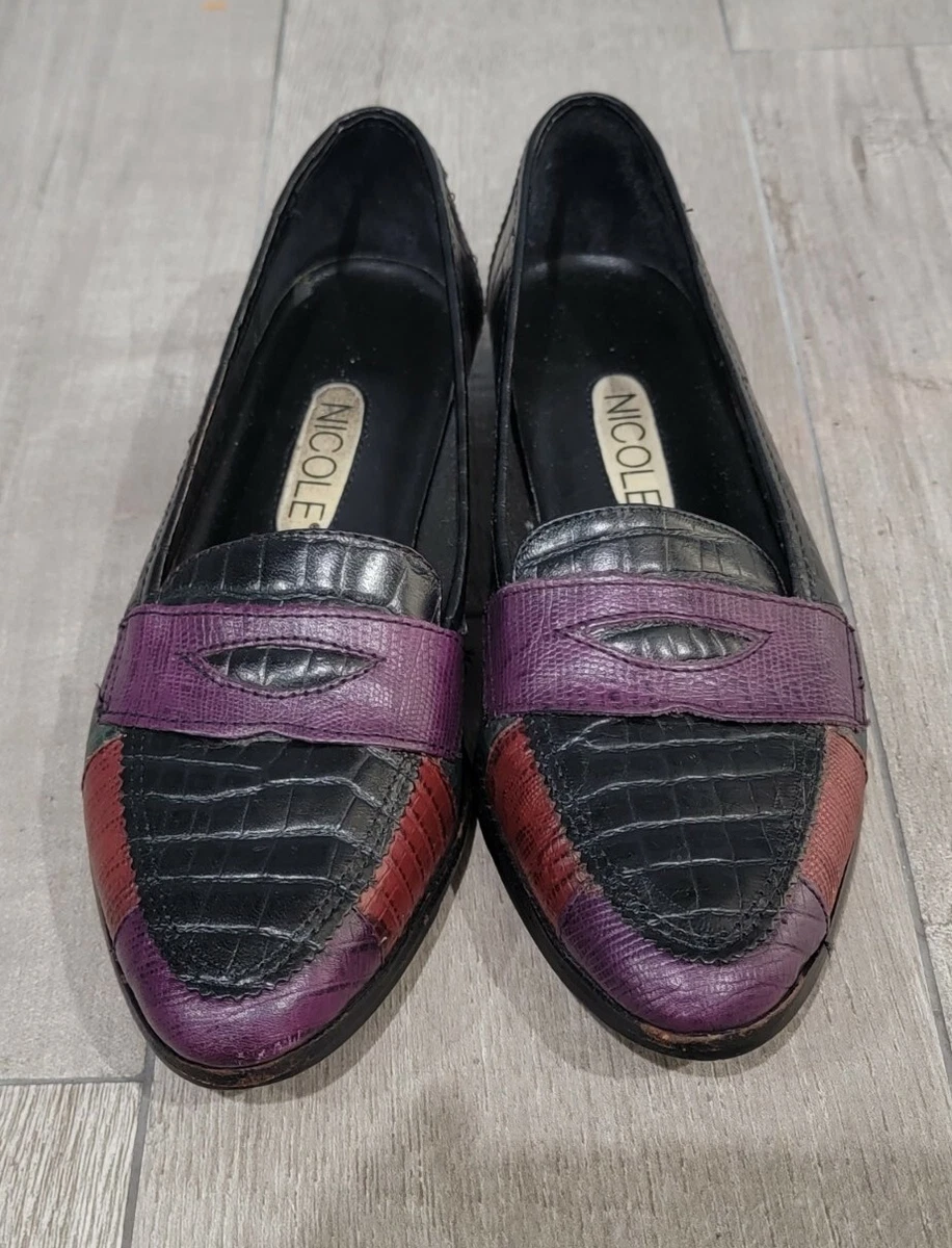 Vintage NICOLE patchwork multicolor purple green leather loafers sz 6M