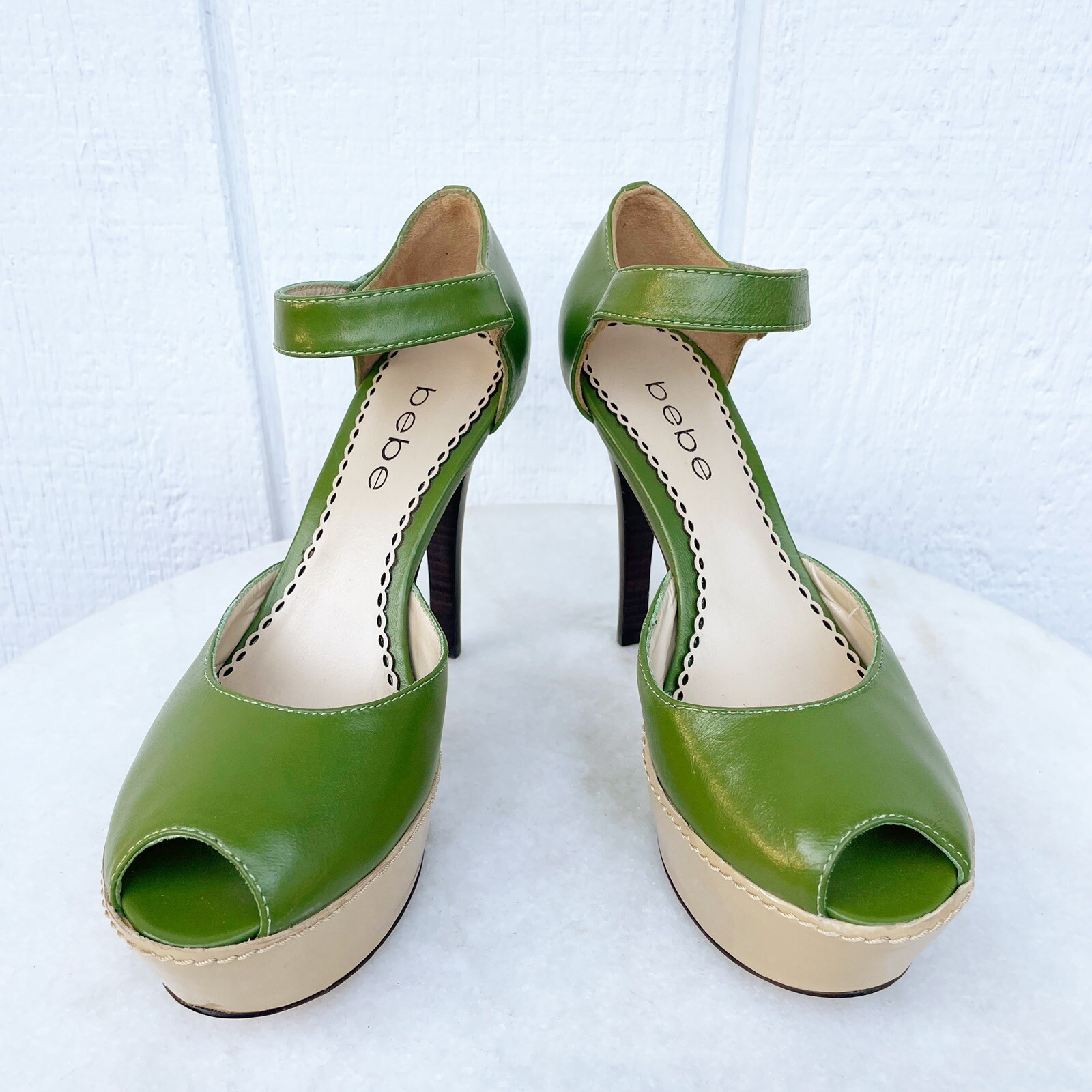 Bebe Green Leather Peep Toe Platform Stiletto Pum… - image 2