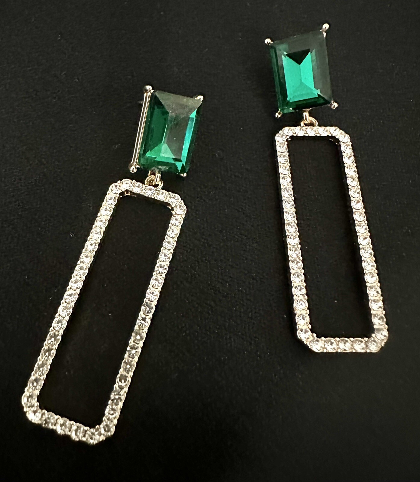 Open Rectangle Pave Crystal  /one Green Stone Drop Earrings
