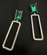 Open Rectangle Pave Crystal  /one Green Stone Drop Earrings