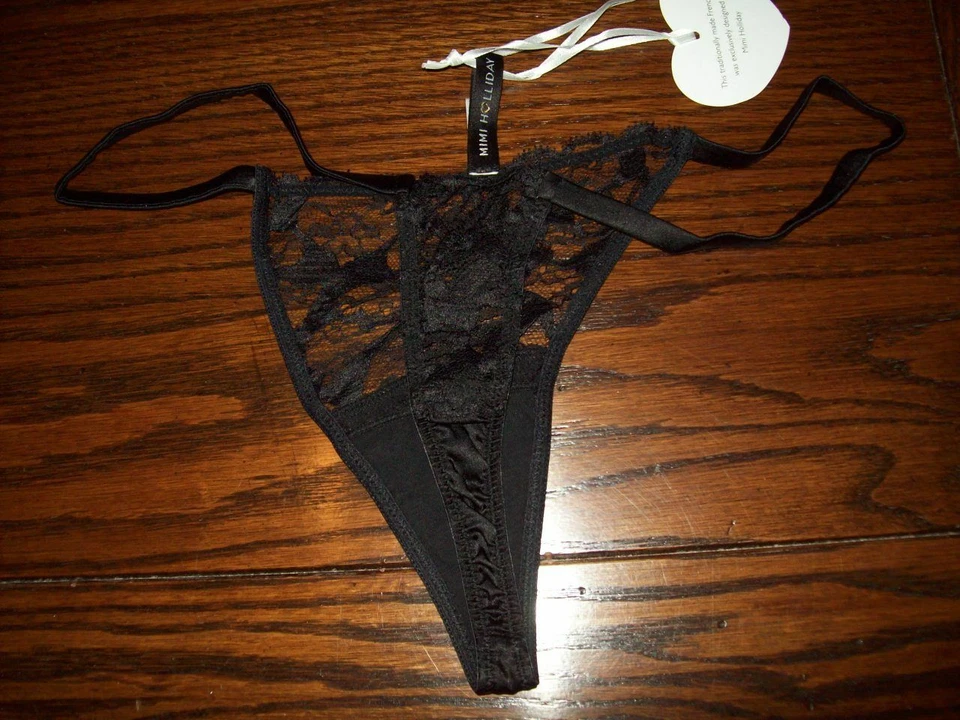 NUEVO CON ETIQUETAS MIMI HOLLIDAY FRANCÉS ENCAJE CUERDA TANGA BRAGAS con SEDA SS16-07 NEGRO M L Foto 2 de 3