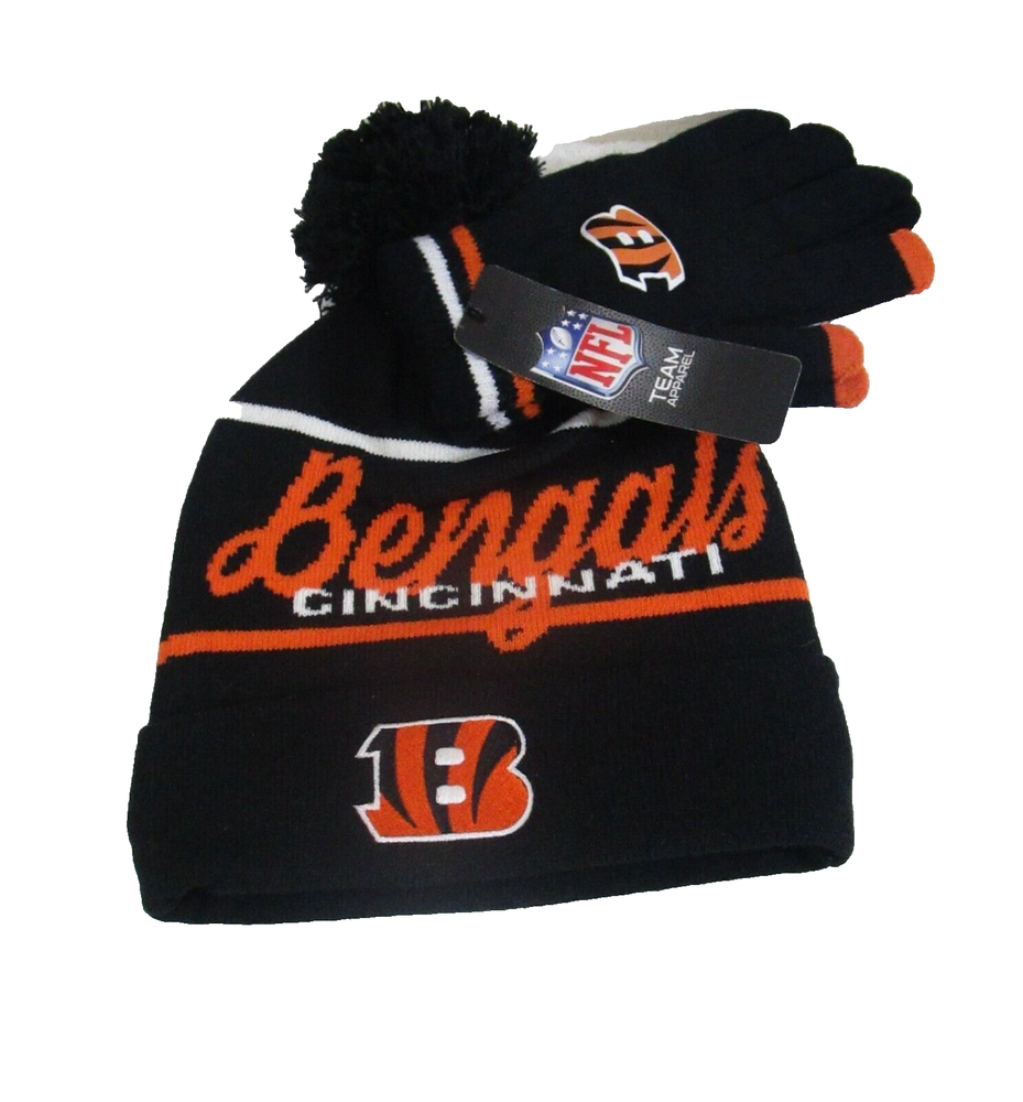 NWT NFL Cincinnati Bengals Cuffed Knit Pom Hat & Gloves Set OS Black/Orange $50