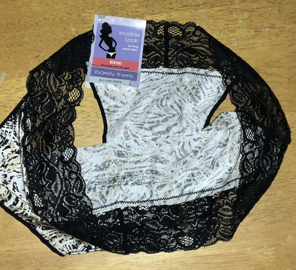 Bragas de bikini BARELY THERE aspecto invisible cintura encaje M 6 negro blanco cebra nuevas con etiquetas Foto 3 de 3