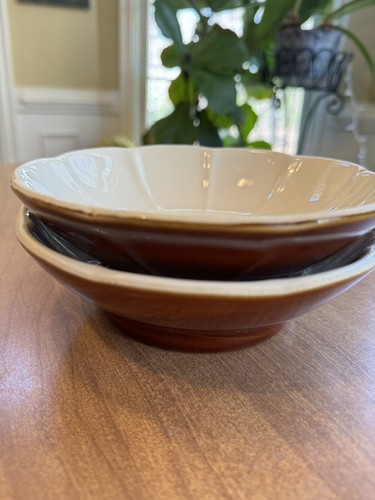 2 Vtg HALL #1113 Restaurant Ware Soup Pasta Bowl Dish Brown Glaze Scalloped 7” - Picture 11 of 24