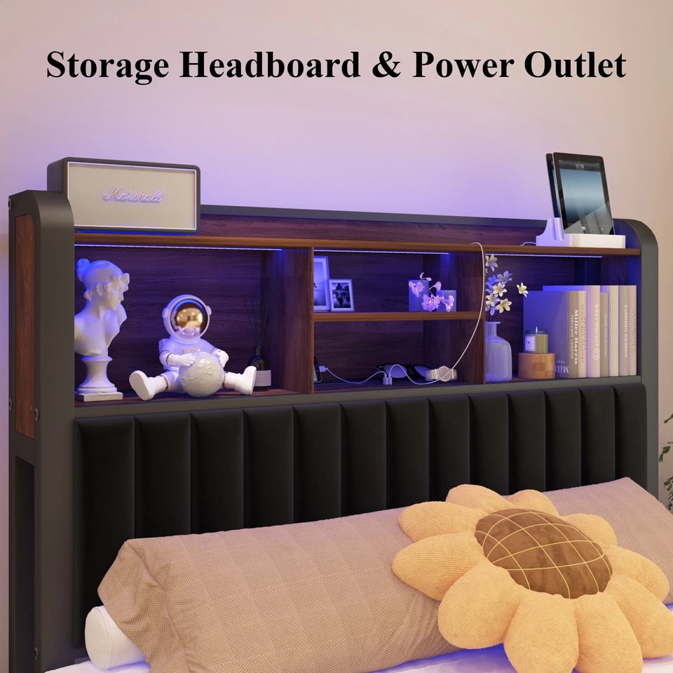 Marco de cama completo de cuero PU 54" de alto con cabecero de almacenamiento de 3 niveles y luces LED Foto 4 de 4