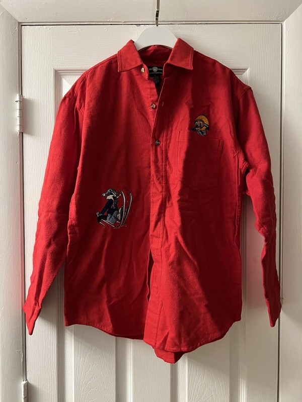 Vintage Warner Bros Shirt Mens Small Red Looney Tunes Long Sleeve Pocket