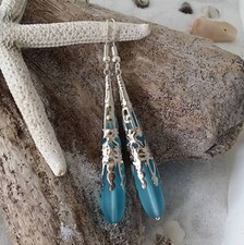 Hawaiian Jewelry Sea Glass Earrings, Turquoise Blue Earrings Long Teardrop