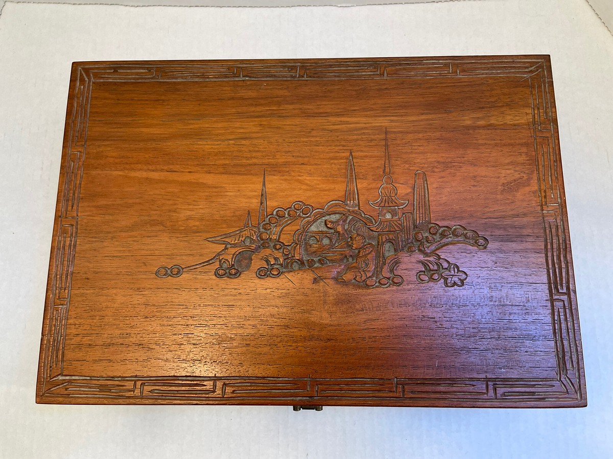 Vintage Hand Carved wood jewelry box black velvet lined Vintage Hand Carved wood jewelry box black velvet lined