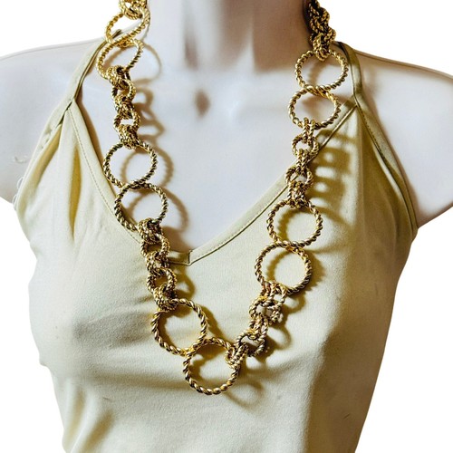 VTG gold tone metal chain ribbed Necklace belt High end ring circle link 27" 60s - Picture 2 of 8