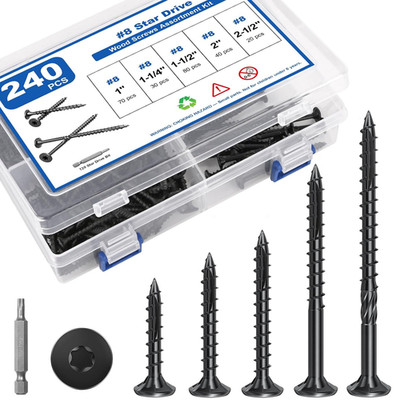 240Pcs #8 Wood Screws Assortment Kit, Rust Resistant Torx Screws