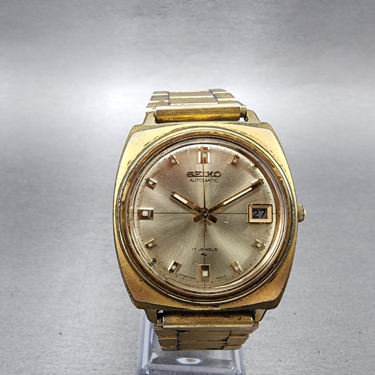 Seiko Automatic Watch Men 35mm Champagne Dial Gold Tone Date 7005