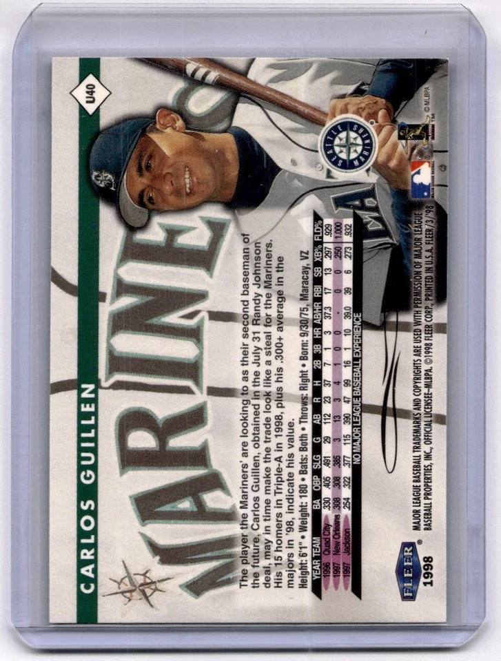 1998 Fleer Tradition Update Carlos Guillen Rookie Seattle Mariners #U40 - Image 2 of 2