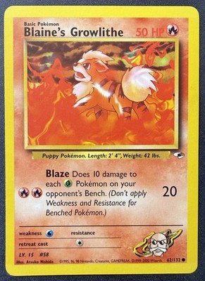 Pokémon TCG Blaine's Growlithe 62/132 Gym Heroes Set Unlimited Common Vintage