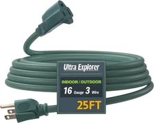 25 Ft Indoor Outdoor Green Extension Cord, 16/3 SJTW Heavy Duty Water-Resistant,