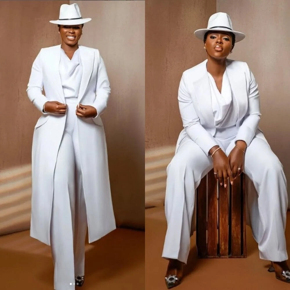 Plus Size White Women's Suit Formal Wedding Lady Party Prom Wear Long Coat Pant