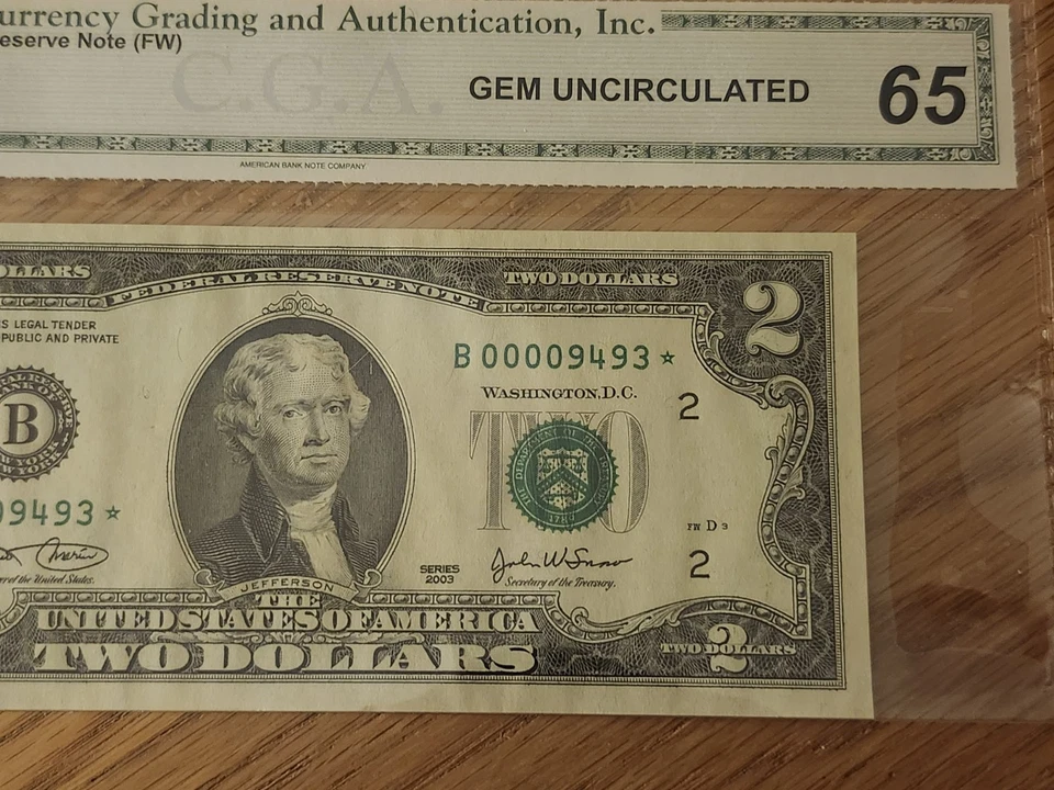 2003 $2 "STAR NOTE CGA CERTIFIED 65 B00009493* NEW YORK DISTRICT LOW SERIAL  - Image 3 of 4