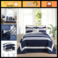Oversized King Bedspread Set 128"x120" - 3PC Cotton Striped Quilt, Lightweight C