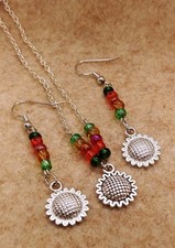 Handmade Sunflower Charm 20" Chain Necklace And 2" Dangle Earrings Set.