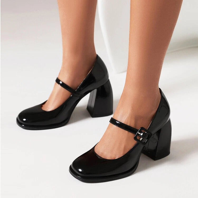 Mary Jane Heeled Pumps for Women Black Patent || Ankle Strap Mary Jane Shoes Leather Block Heels